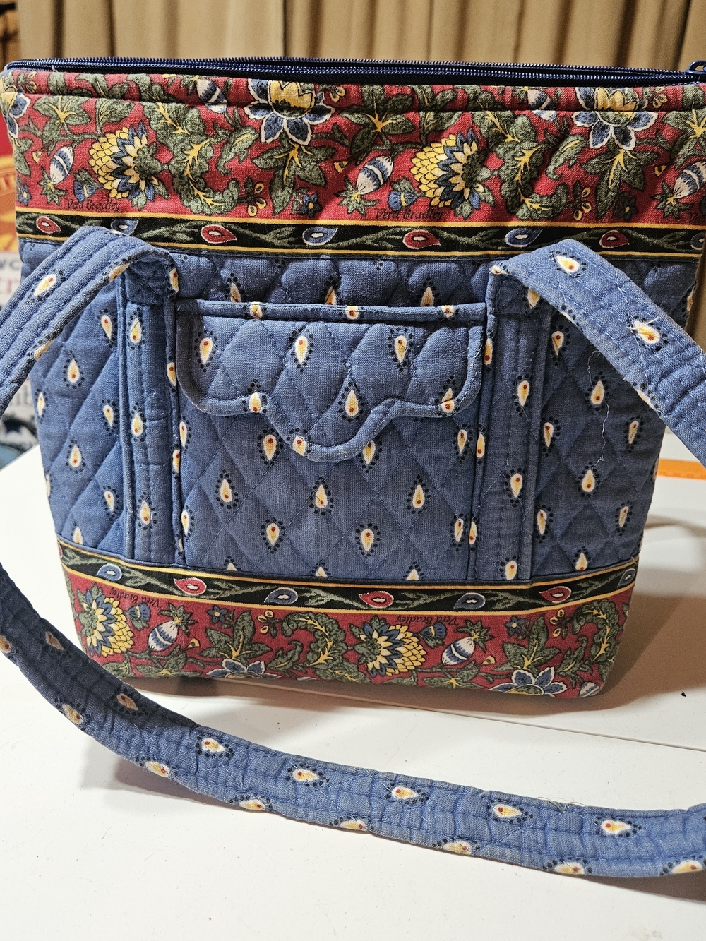 Vera Bradley Blue Quilted Shoulder Bag with Red Floral Trim